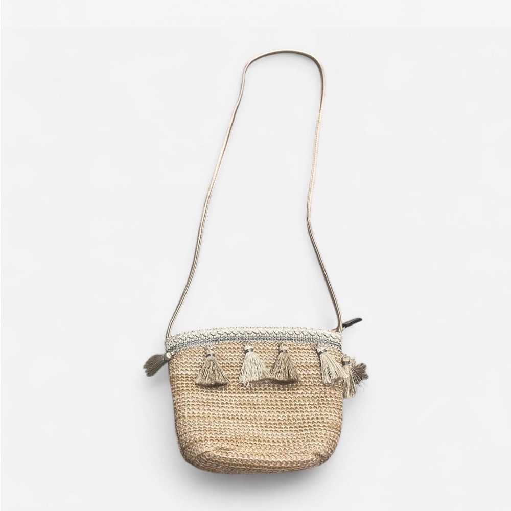 Tan Woven Crossbody Bag with Fringe